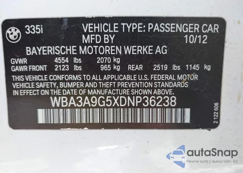 2013 BMW 335I z USA, uszkodzony, nr VIN WBA3A9G5XDNP36238